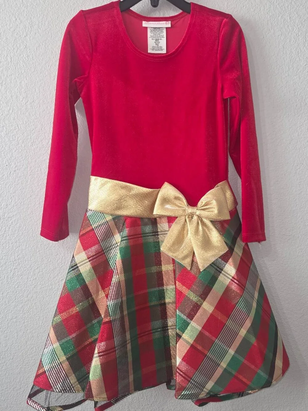 Girls Bonnie Jean Red/Plaid with Metallic Gold Bow Christmas Dress Size 6